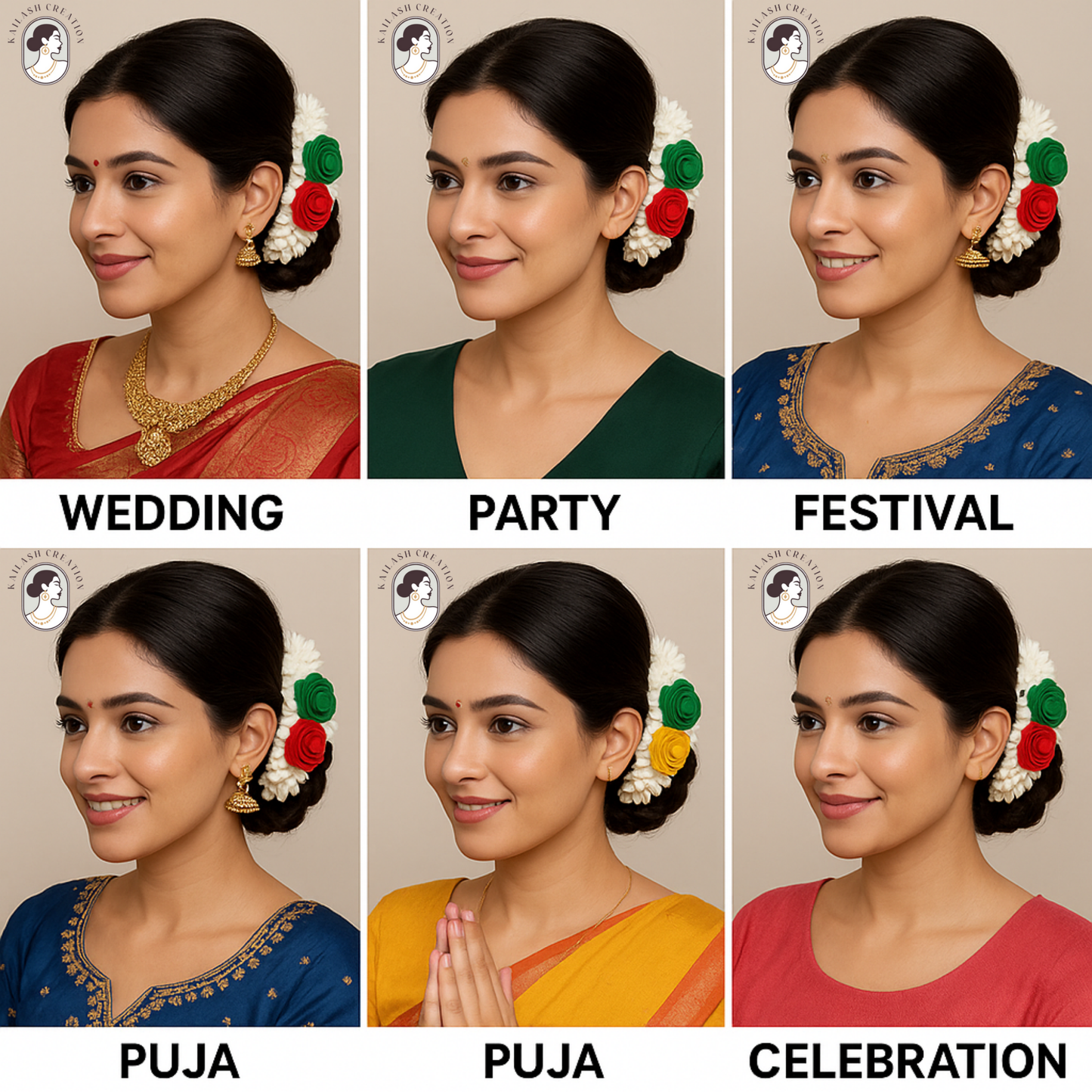 Artificial Mogra Gajra for Hair Bun with Red Yellow Green Flowers