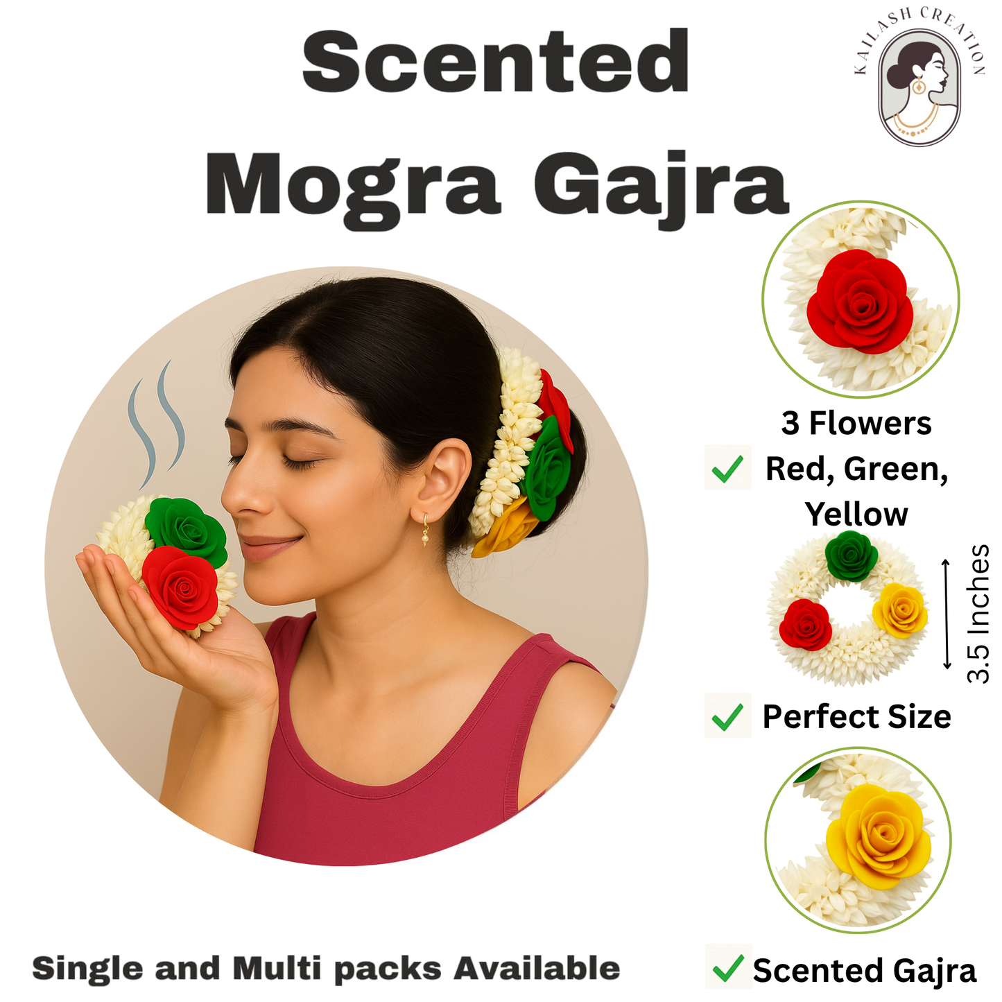 Artificial Mogra Gajra for Hair Bun with Red Yellow Green Flowers