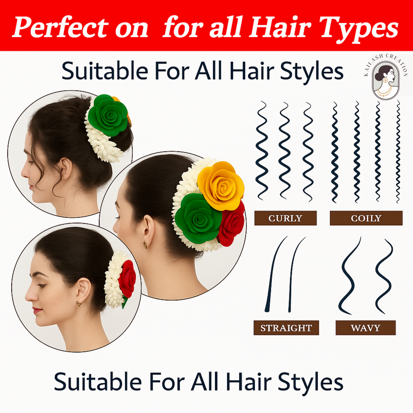 Artificial Mogra Gajra for Hair Bun with Red Yellow Green Flowers