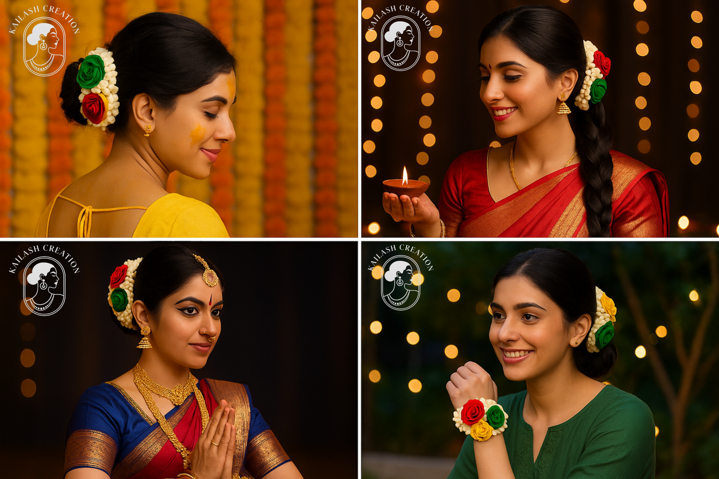 Artificial Mogra Gajra for Hair Bun with Red Yellow Green Flowers