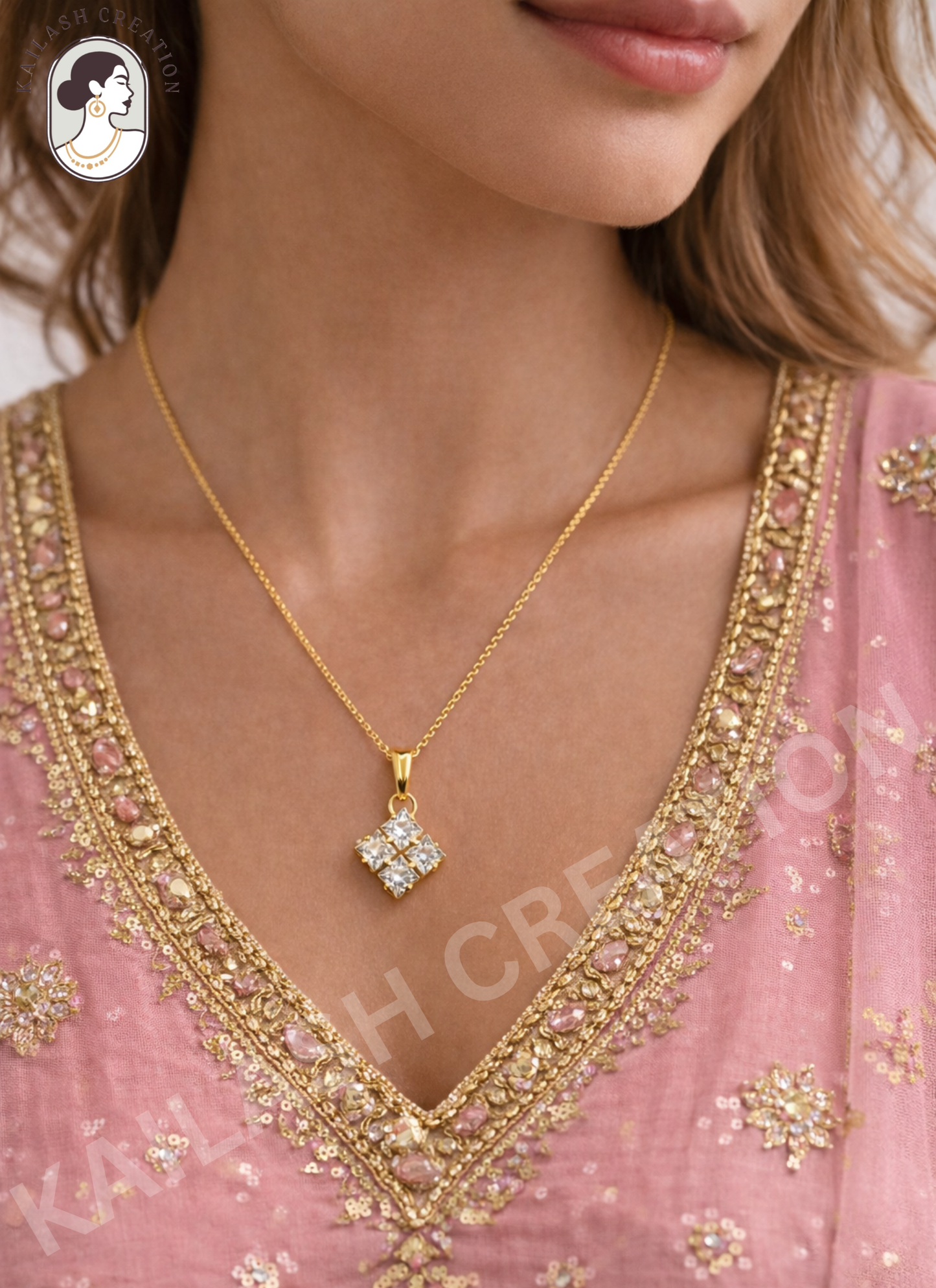 Royal Shine Crystal 18K Gold Plated AD Pendant for Women & Girls Stylish