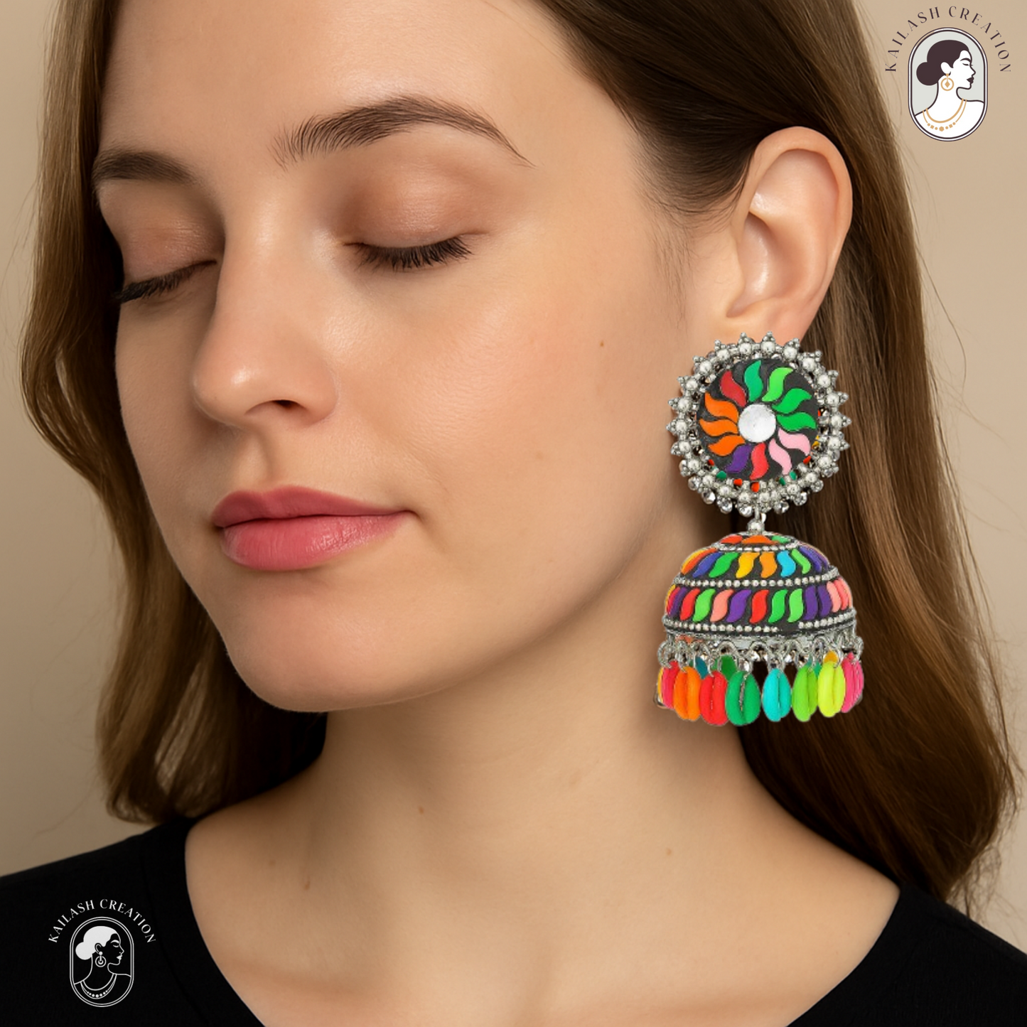 Colorful Enamel Dome Jhumki Earrings with Mirror Stud & Hanging Beads