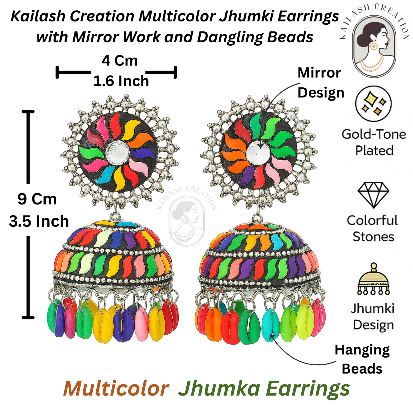 Colorful Enamel Dome Jhumki Earrings with Mirror Stud & Hanging Beads