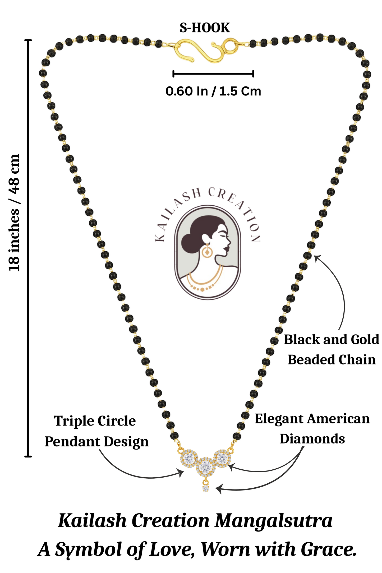 American Diamond Triple Circle Pendant Mangalsutra for Women