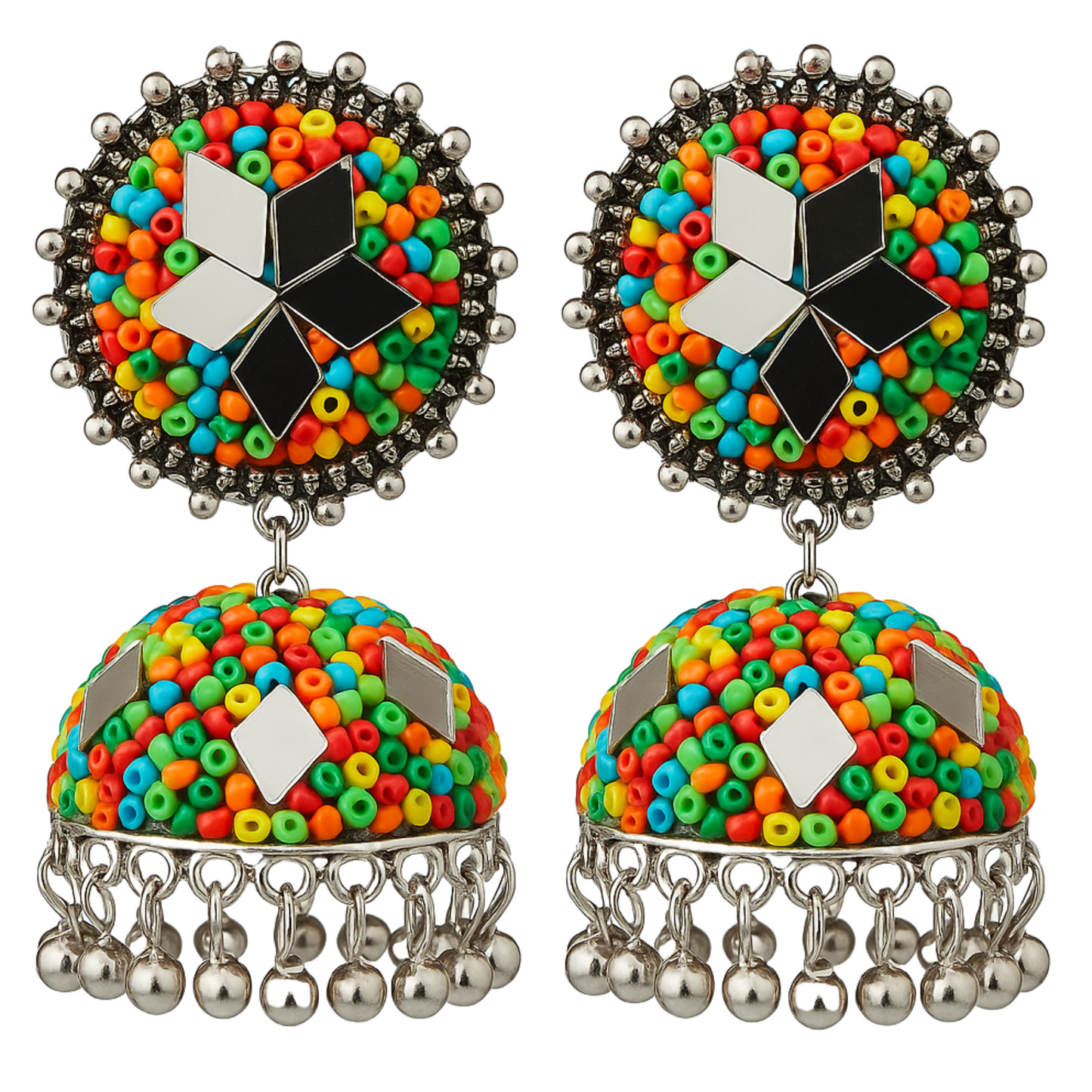 Multicolor Jhumki Earrings with Mirror Work and Ghungroos