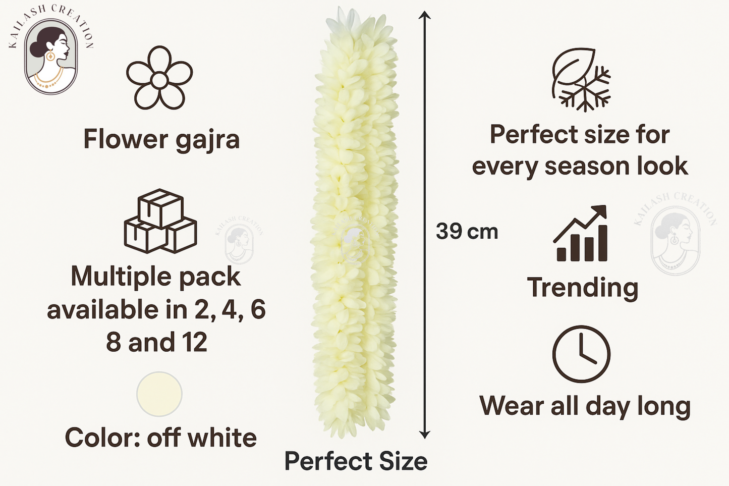 Reusable Artificial Mogra Flower Hair Gajra for Women - Off White - 15 Inches
