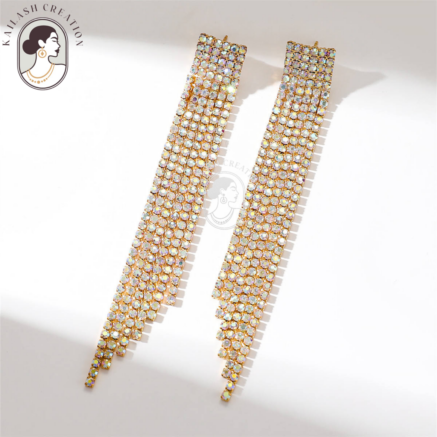Gold Sparkle Rhinestone Tassel Dangle Drop Earrings
