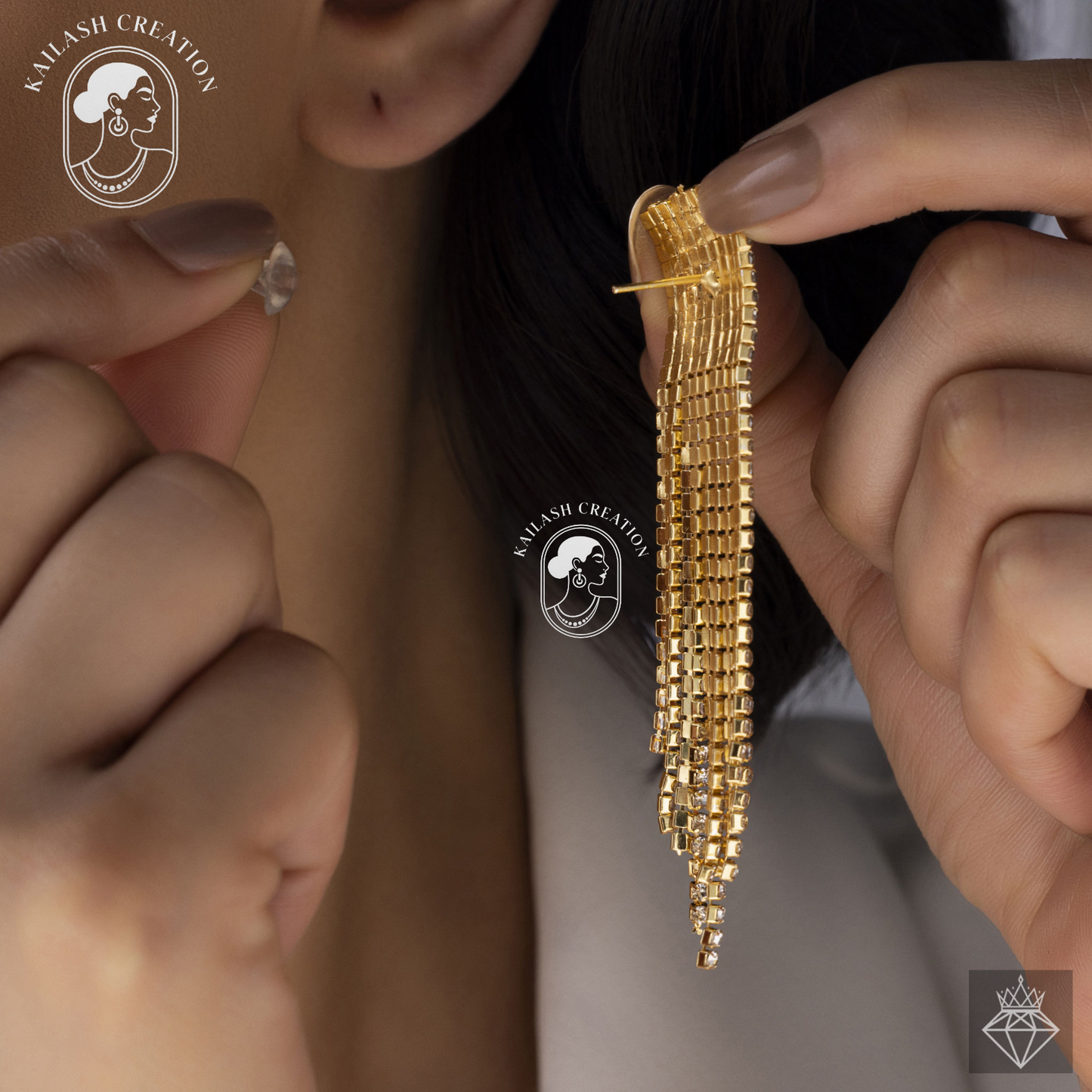 Gold Sparkle Rhinestone Tassel Dangle Drop Earrings