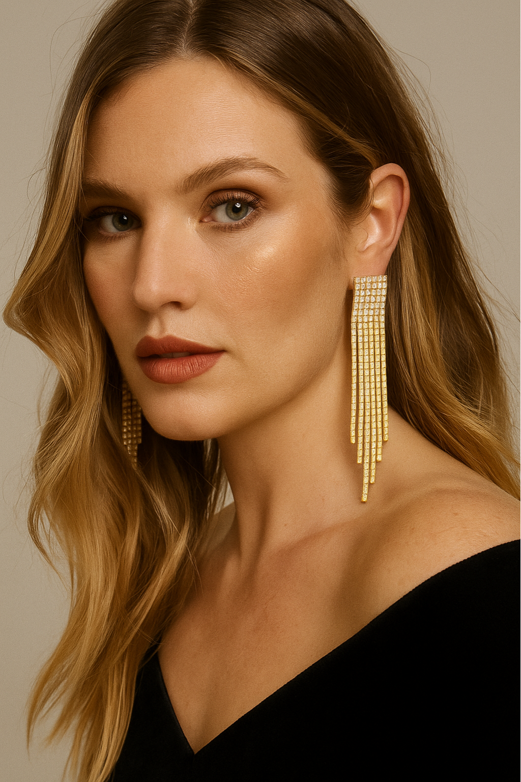 Gold Sparkle Rhinestone Tassel Dangle Drop Earrings