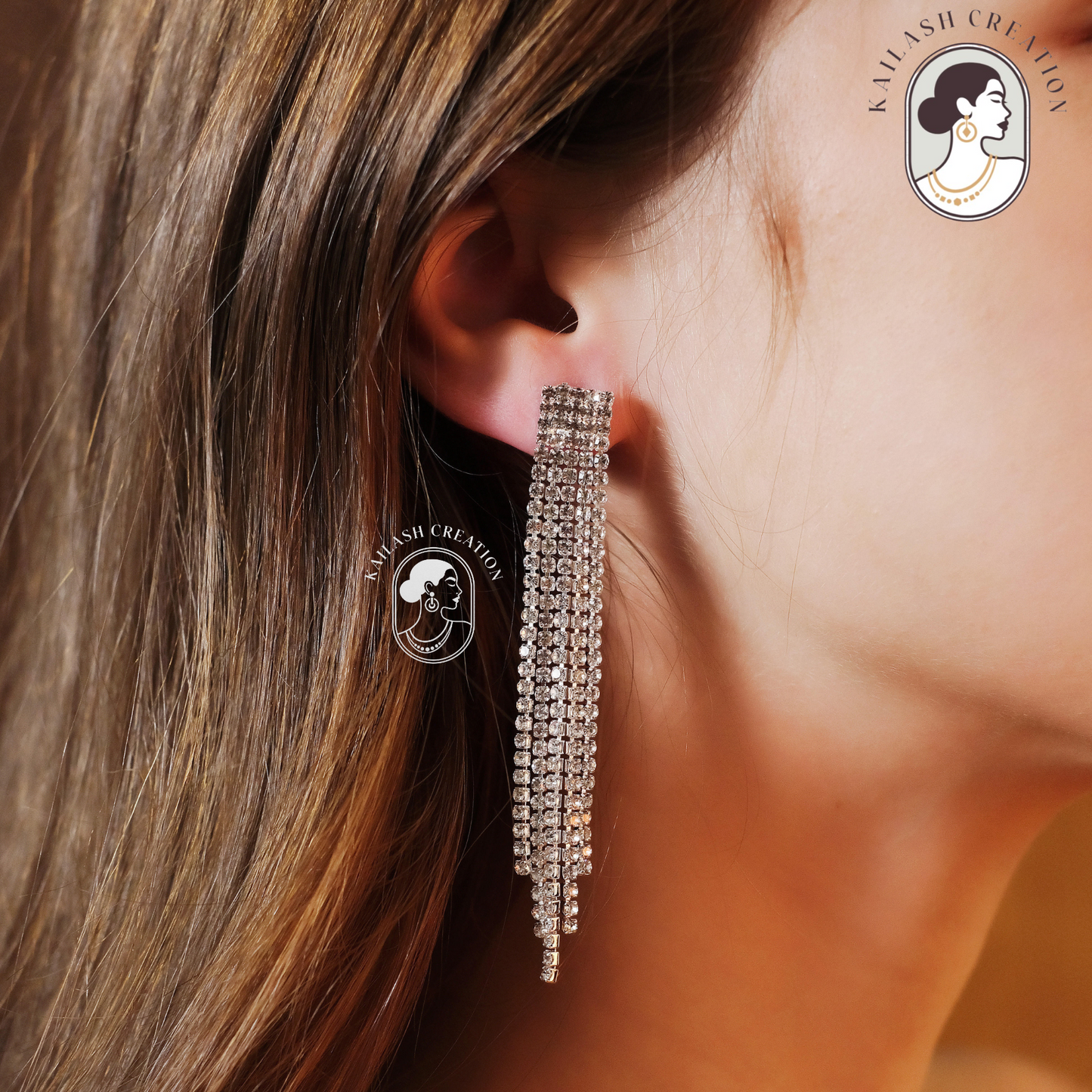 Silver Rhinestone Tassel Dangle Drop Earrings