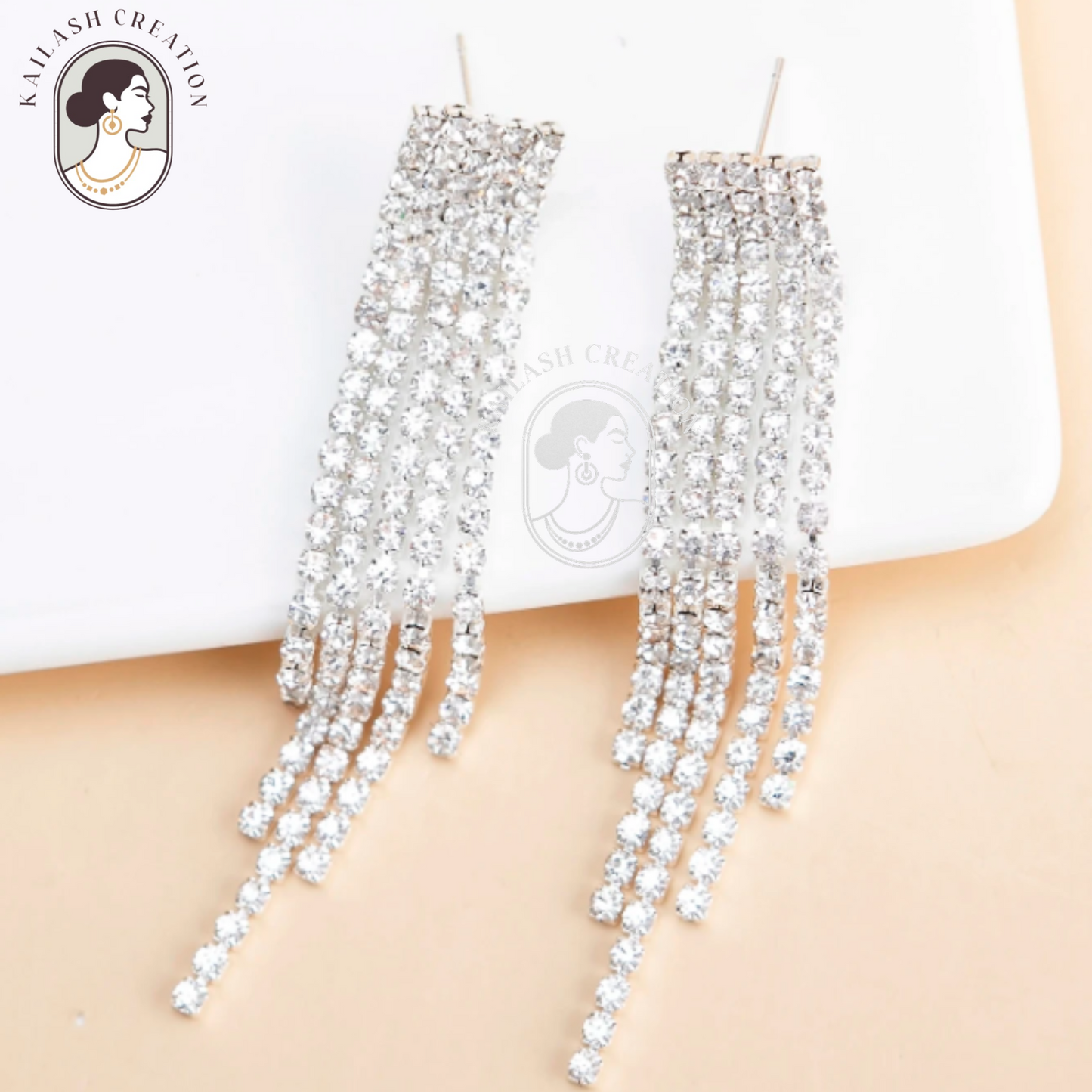 Silver Rhinestone Tassel Dangle Drop Earrings