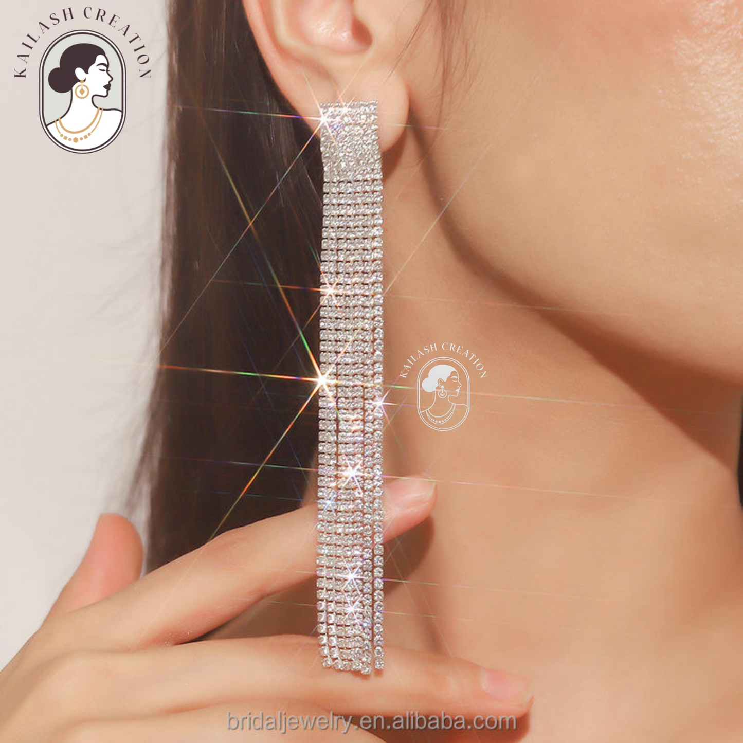 Silver Rhinestone Tassel Dangle Drop Earrings