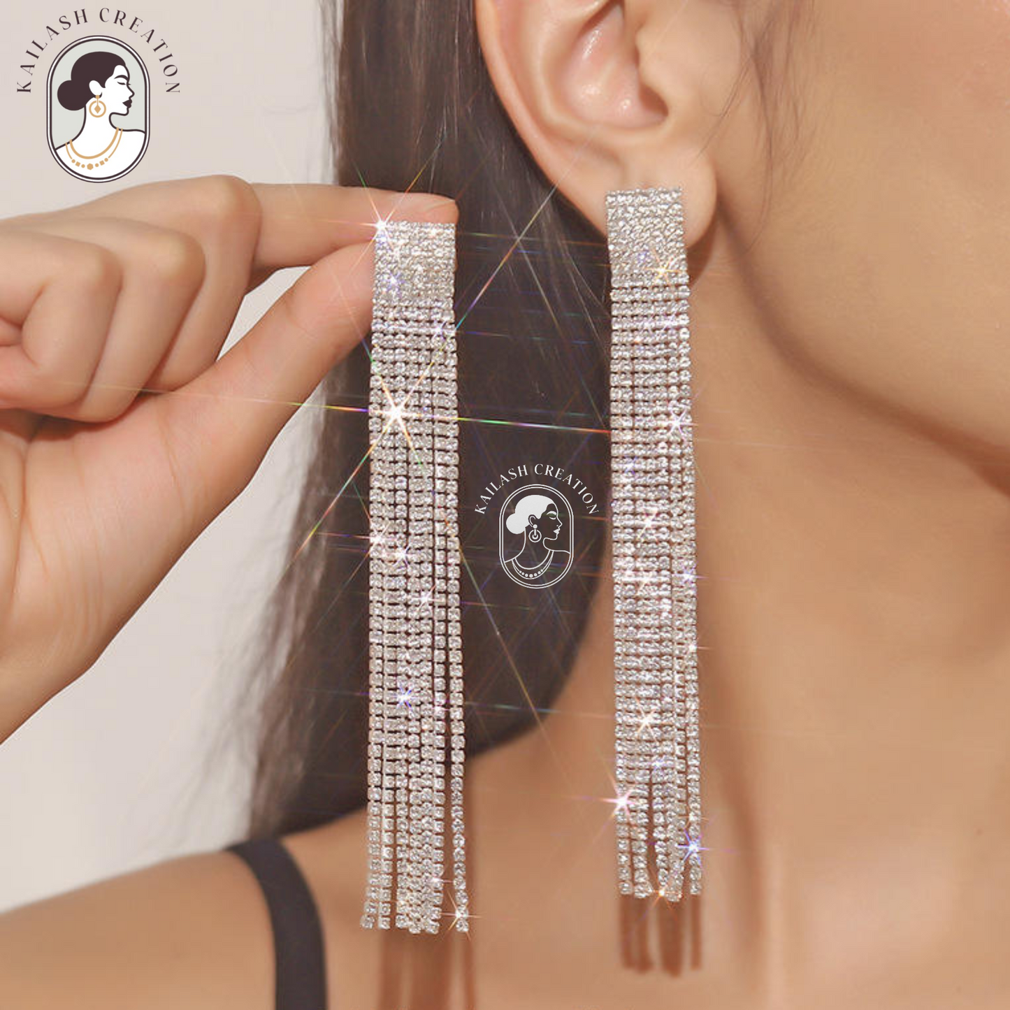Silver Rhinestone Tassel Dangle Drop Earrings
