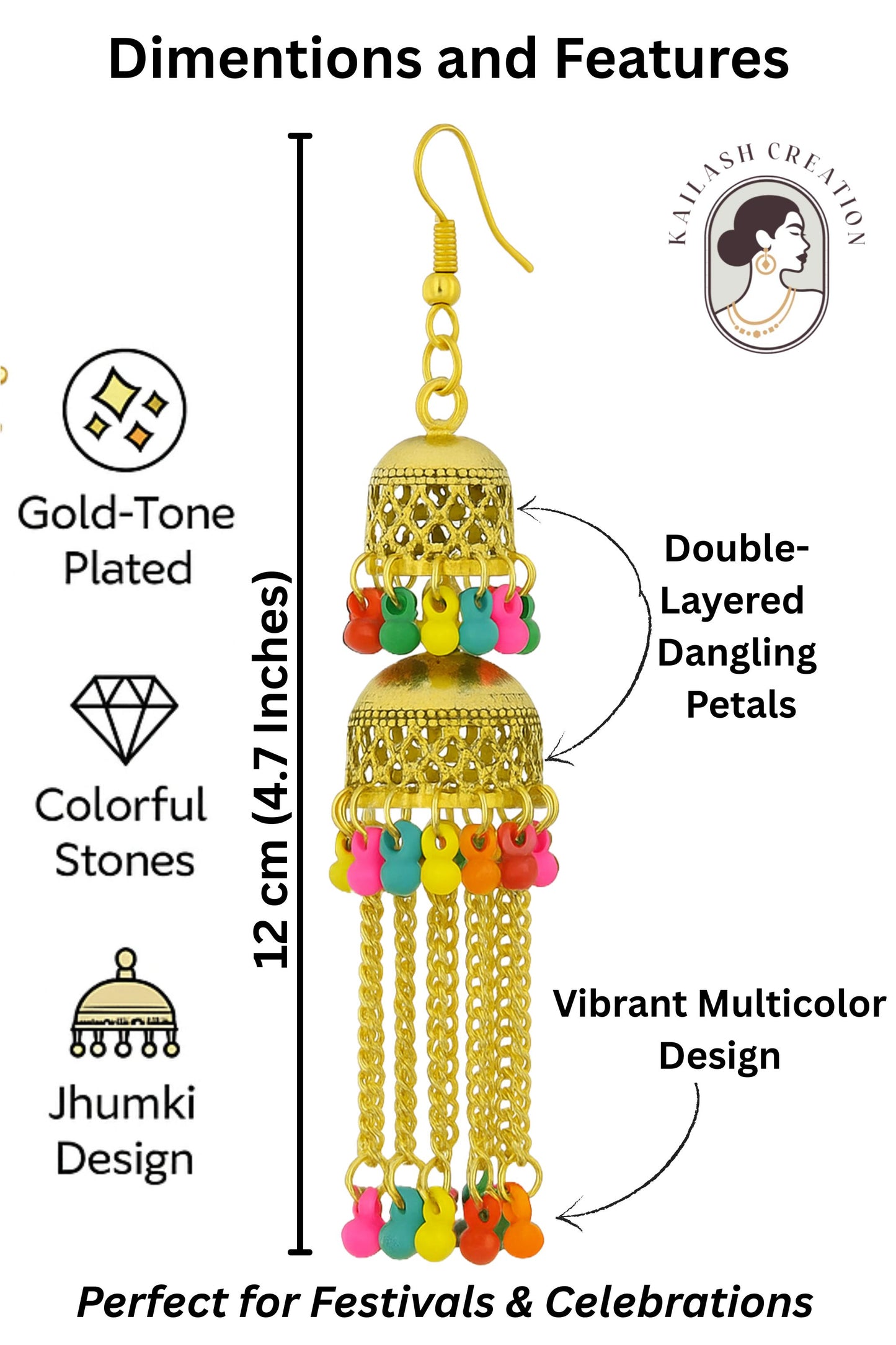 Gold Tone Multicolor Chain Tassel Jhumki Earrings for Women & Girls