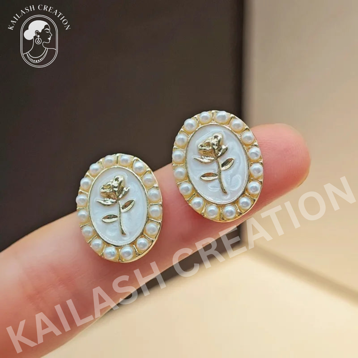 Golden Rose Oval Stud Earrings for Women and Girls Stylish