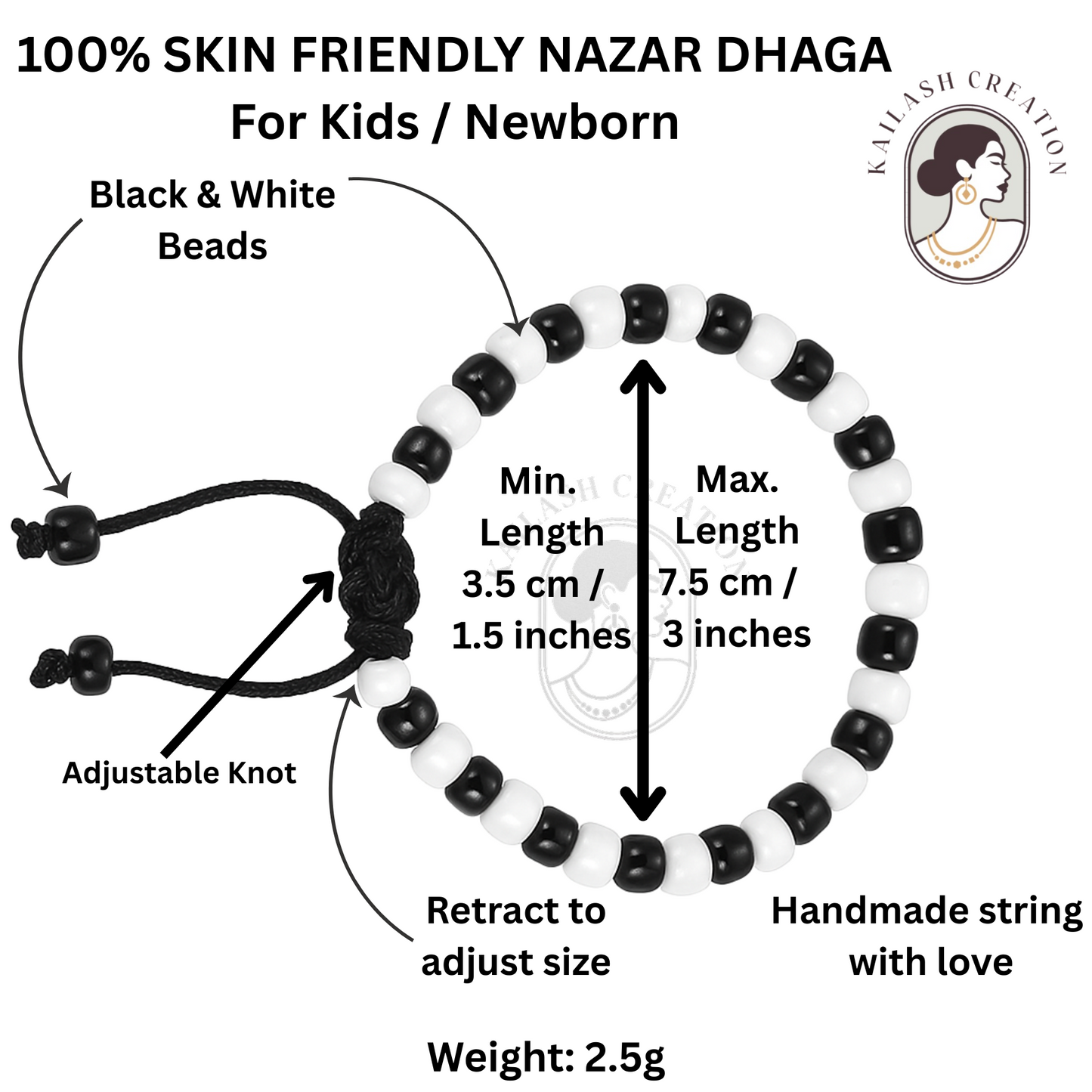 Adjustable Black & White Beads Thread Baby Nazariya Bracelets