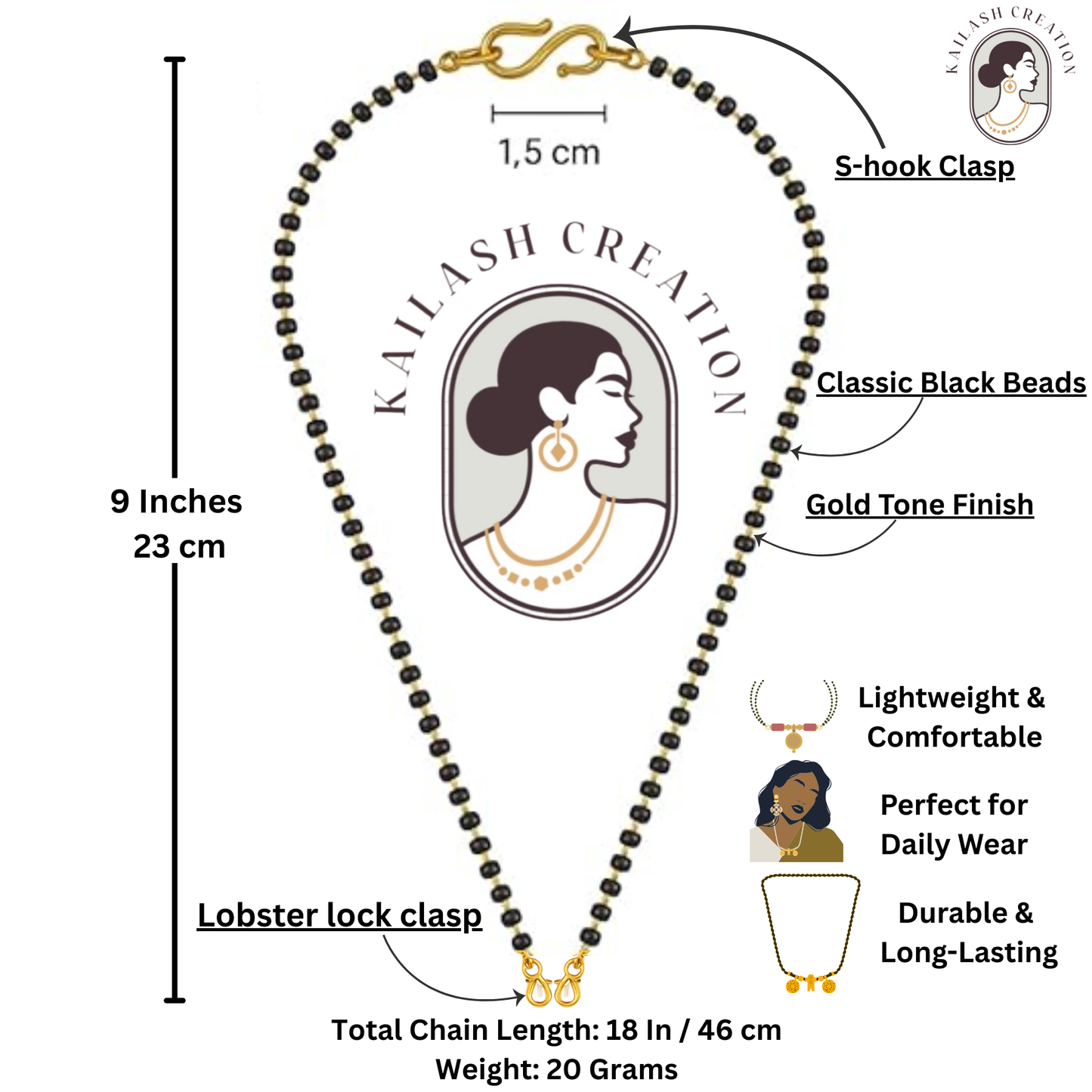 Gold Plated Pearl Mangalsutra Chain with lobster lock and S-Hook Clasp for Women