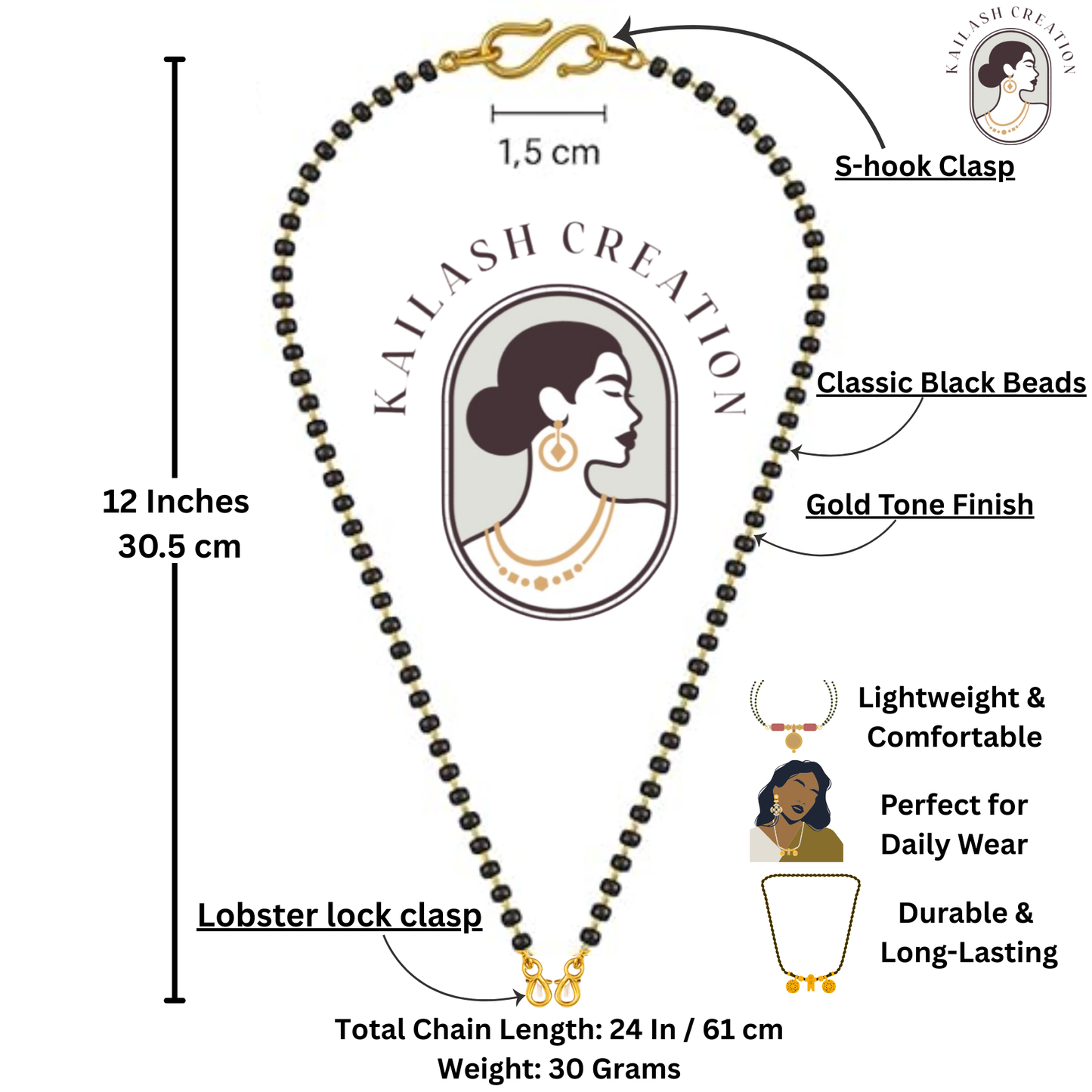 Gold Plated Pearl Mangalsutra Chain with lobster lock and S-Hook Clasp for Women