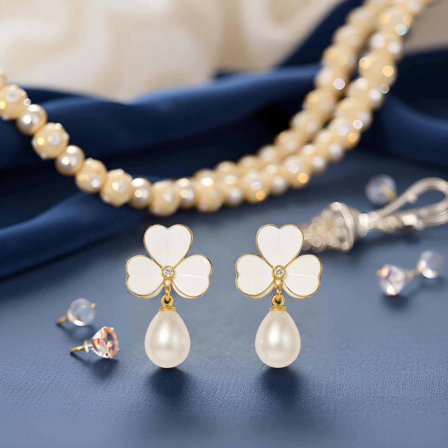 Enamel chic 3 petal clover Leaf Drop Earrings with Faux Pearl