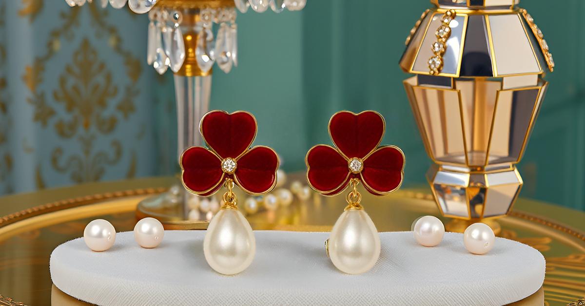 Enamel chic 3 petal clover Leaf Drop Earrings with Faux Pearl