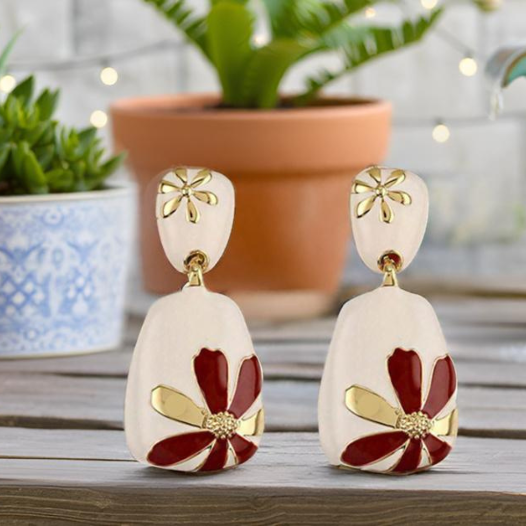 Floral Design Gold-Plated Contemporary Drop Earrings for Women & Girls