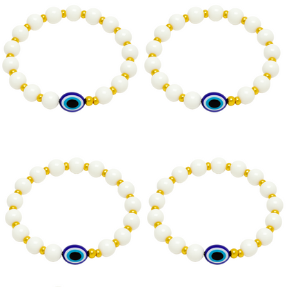 Evil Eye Bracelet for Women, Men, Baby, Kids – White & Gold Beads with Blue Charm