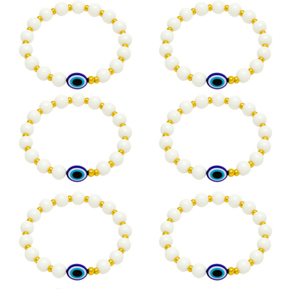 Evil Eye Bracelet for Women, Men, Baby, Kids – White & Gold Beads with Blue Charm