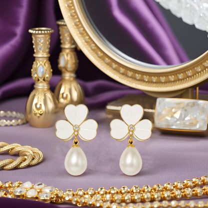 Enamel chic 3 petal clover Leaf Drop Earrings with Faux Pearl