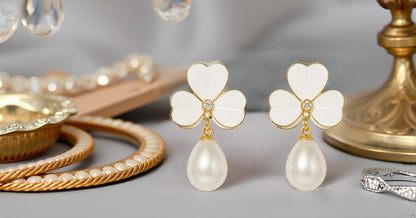 Enamel chic 3 petal clover Leaf Drop Earrings with Faux Pearl