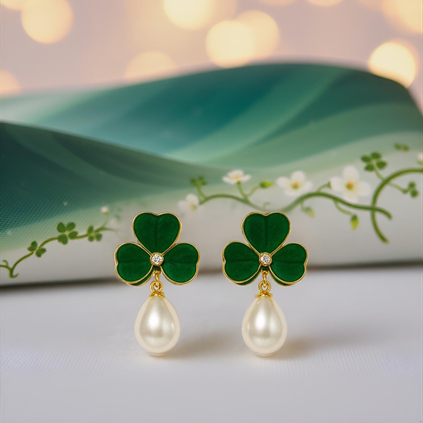 Enamel chic 3 petal clover Leaf Drop Earrings with Faux Pearl