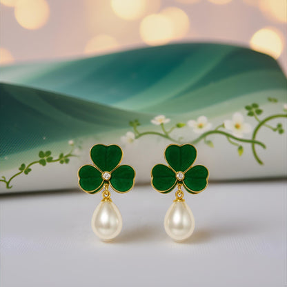 Enamel chic 3 petal clover Leaf Drop Earrings with Faux Pearl