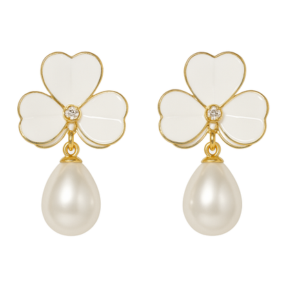 Enamel chic 3 petal clover Leaf Drop Earrings with Faux Pearl