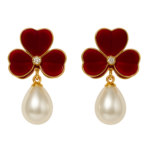 Enamel chic 3 petal clover Leaf Drop Earrings with Faux Pearl