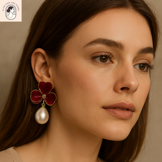 Enamel chic 3 petal clover Leaf Drop Earrings with Faux Pearl