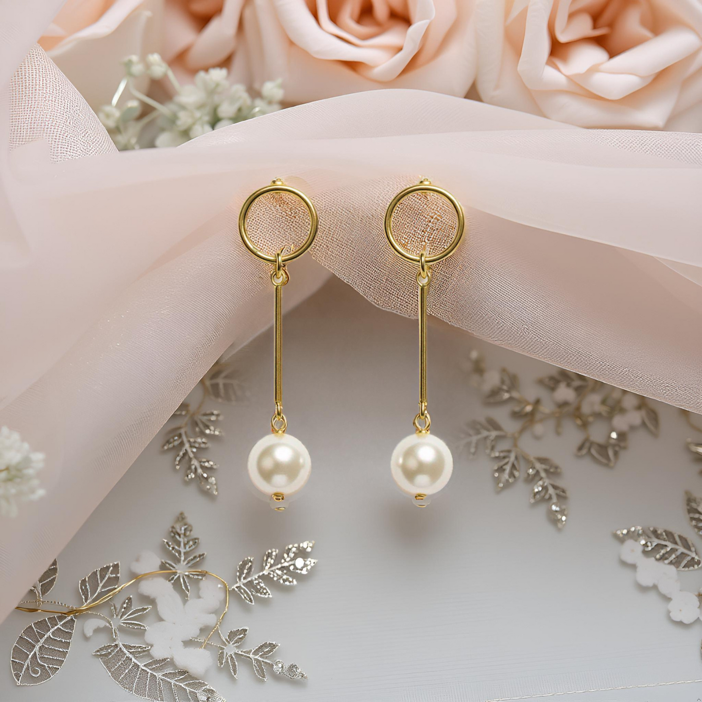 Luna Drop Minimalist Gold Plated Pearl Dangler Earrings for Women