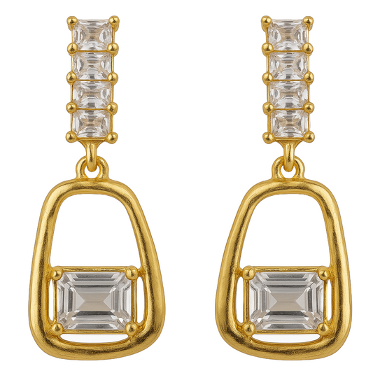 Golden Plated Geometric Drop Designer Earrings with Cubic Zirconia Stones