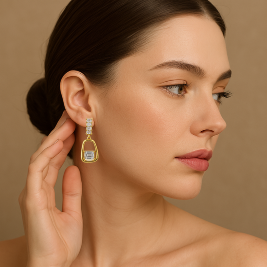 Golden Plated Geometric Drop Designer Earrings with Cubic Zirconia Stones