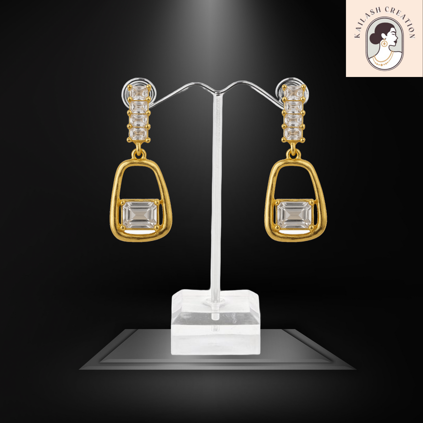 Golden Plated Geometric Drop Designer Earrings with Cubic Zirconia Stones