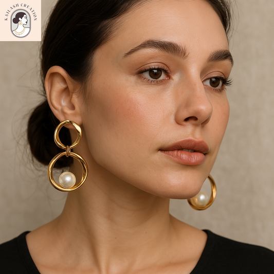Gold Plated Elegant Infinity Hoop Designer Earrings with Pearl Drop