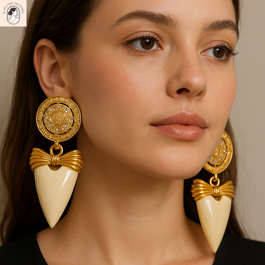 Vintage Glam Bow Crest Studded Drop Earrings for Women