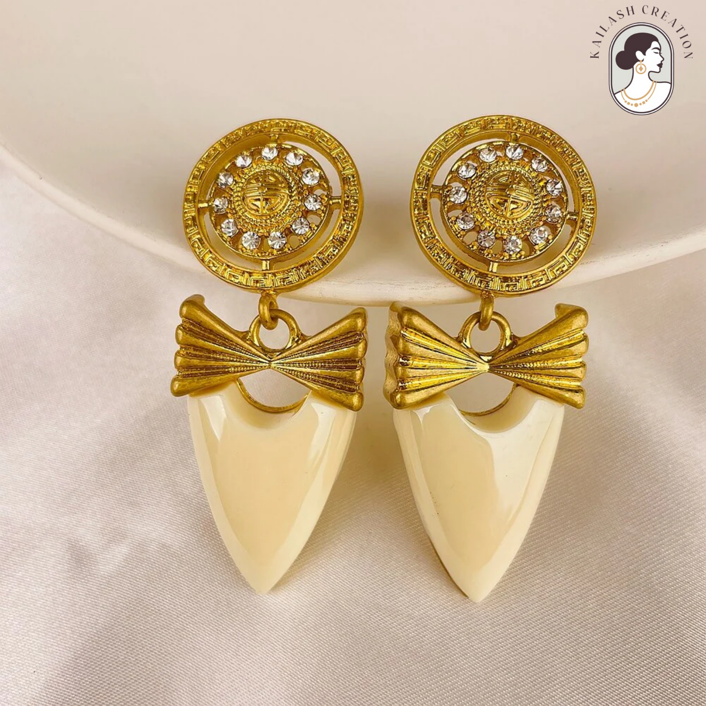 Vintage Glam Bow Crest Studded Drop Earrings for Women