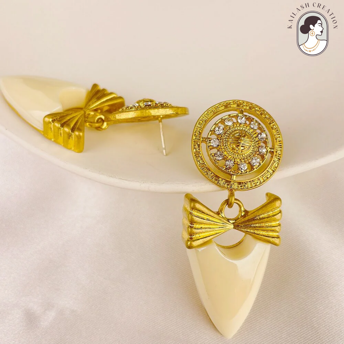 Vintage Glam Bow Crest Studded Drop Earrings for Women