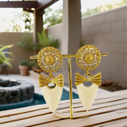 Vintage Glam Bow Crest Studded Drop Earrings for Women