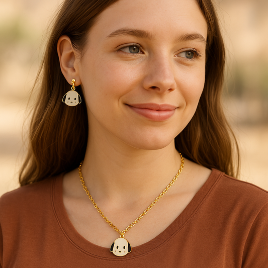 Cute Puppy Face Pendant Necklace & Earrings Set for Girls