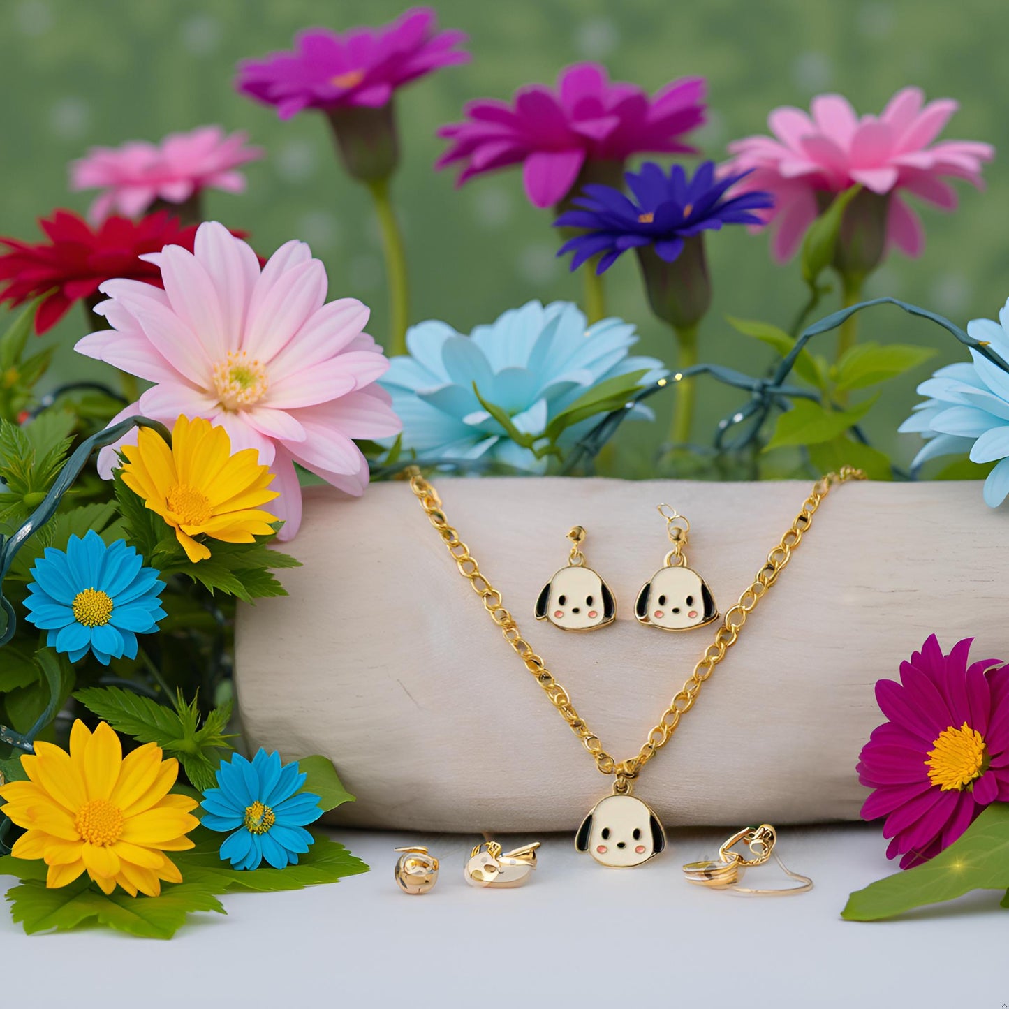 Cute Puppy Face Pendant Necklace & Earrings Set for Girls