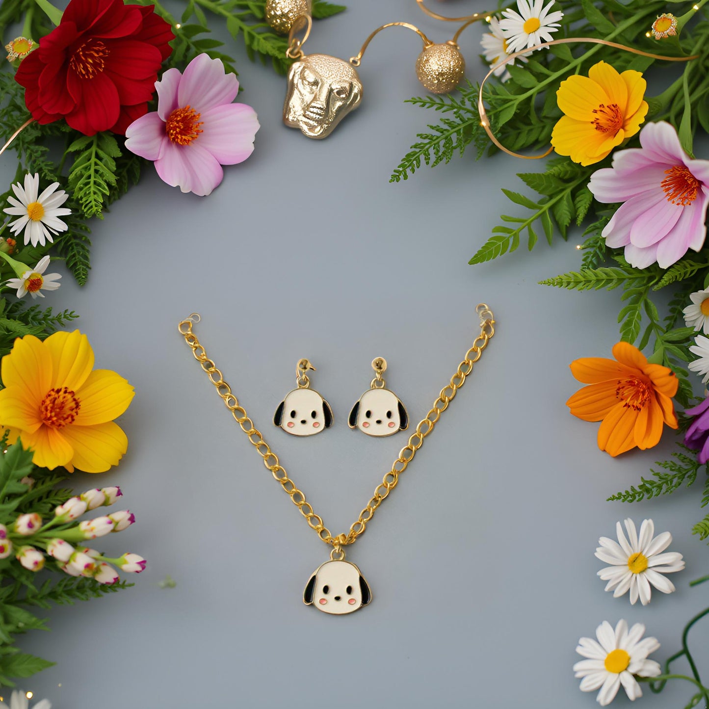 Cute Puppy Face Pendant Necklace & Earrings Set for Girls