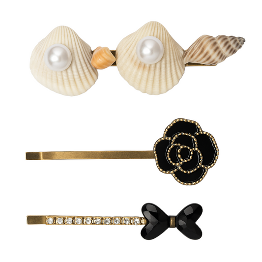 Pack of 3 Shell, Pearl & Crystal Embellished Hair Premium Designer Hair Clips for Women & Girls