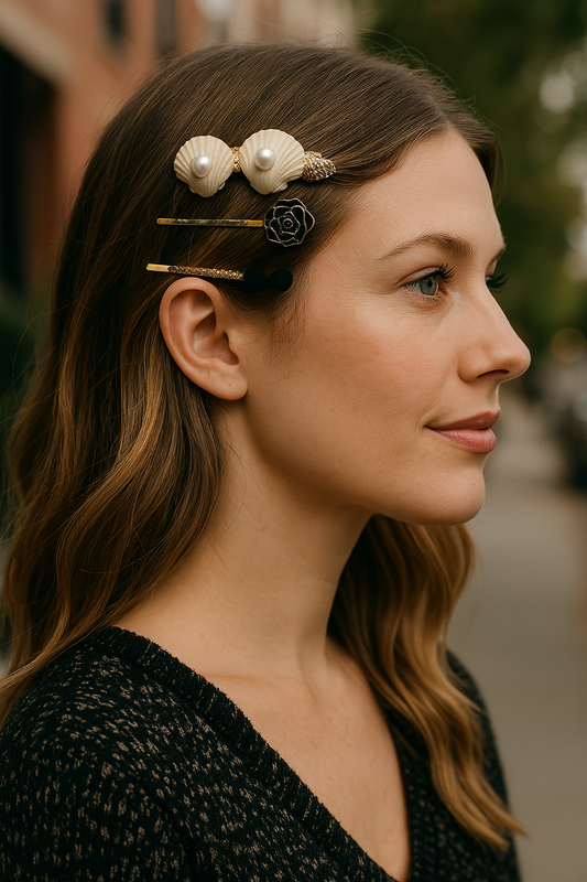 Pack of 3 Shell, Pearl & Crystal Embellished Hair Premium Designer Hair Clips for Women & Girls