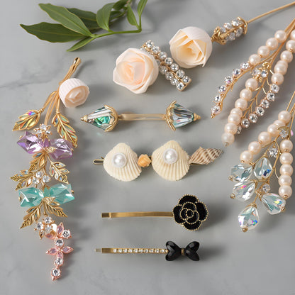 Pack of 3 Shell, Pearl & Crystal Embellished Hair Premium Designer Hair Clips for Women & Girls