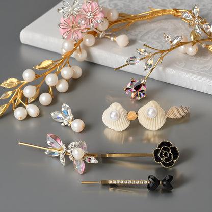 Pack of 3 Shell, Pearl & Crystal Embellished Hair Premium Designer Hair Clips for Women & Girls